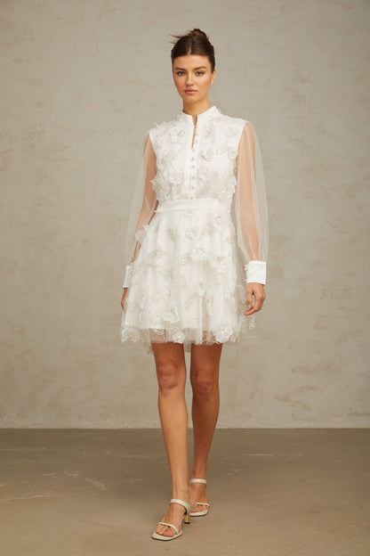 Camille white 3D-petal tulle mini dress