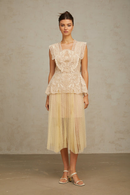 Céleste floral-lace-panelling tulle midi dress in Neutrals