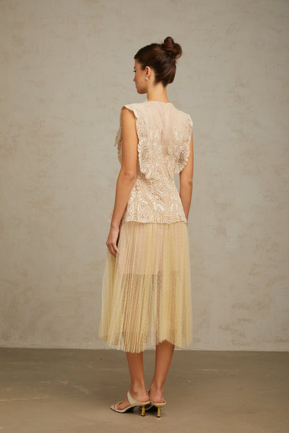 Céleste floral-lace-panelling tulle midi dress in Neutrals
