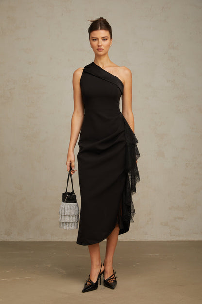 Bernadette black lace-panell asymmetric midi dress