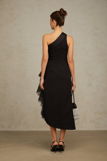 Bernadette black lace-panell asymmetric midi dress