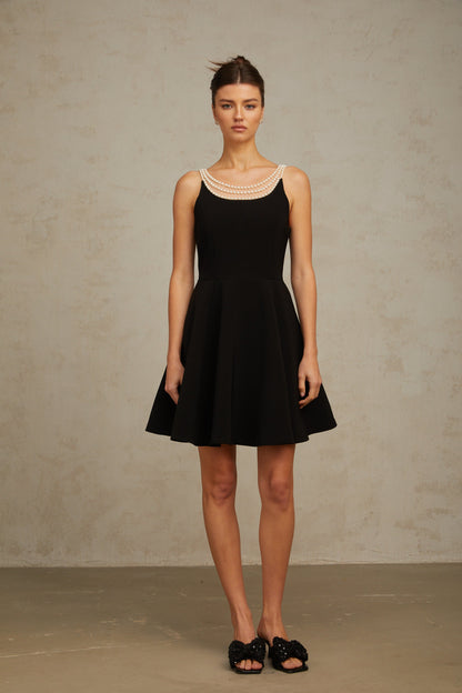 Danaé black faux-pearl-embellished mini dress