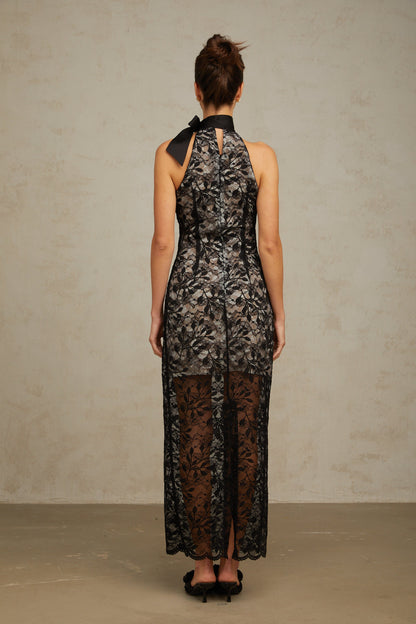 Coralie black floral-lace halterneck maxi dress