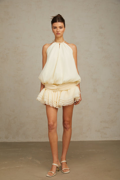 Bérénice white halterneck faux-pearl mini dress