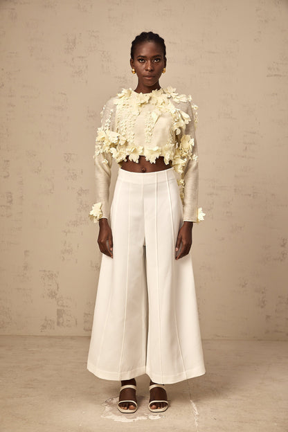 Rosalie light-yellow 3d-petal cropped blouse