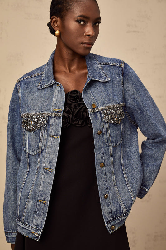 Valérie blue rhinestone-embellished denim jacket