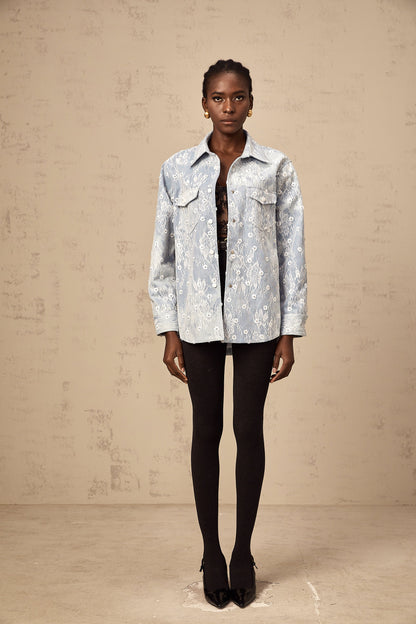 Blanche blue sequined floral-appliqué denim jacket