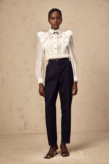 Capucine white lace-trim semi-sheer shirt