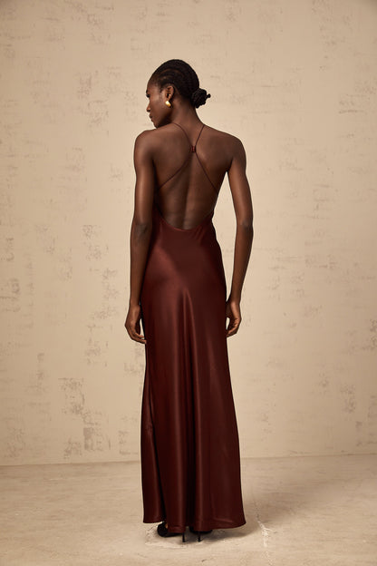 Eléonore wine-red lace-panelling satin maxi dress