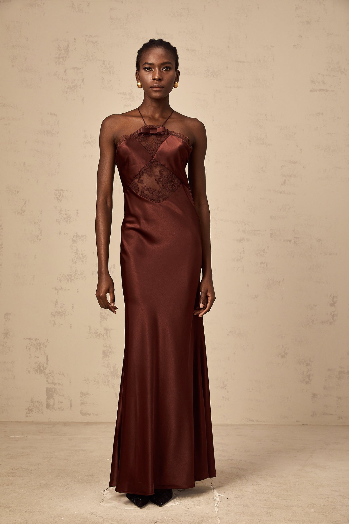 Eléonore wine-red lace-panelling satin maxi dress