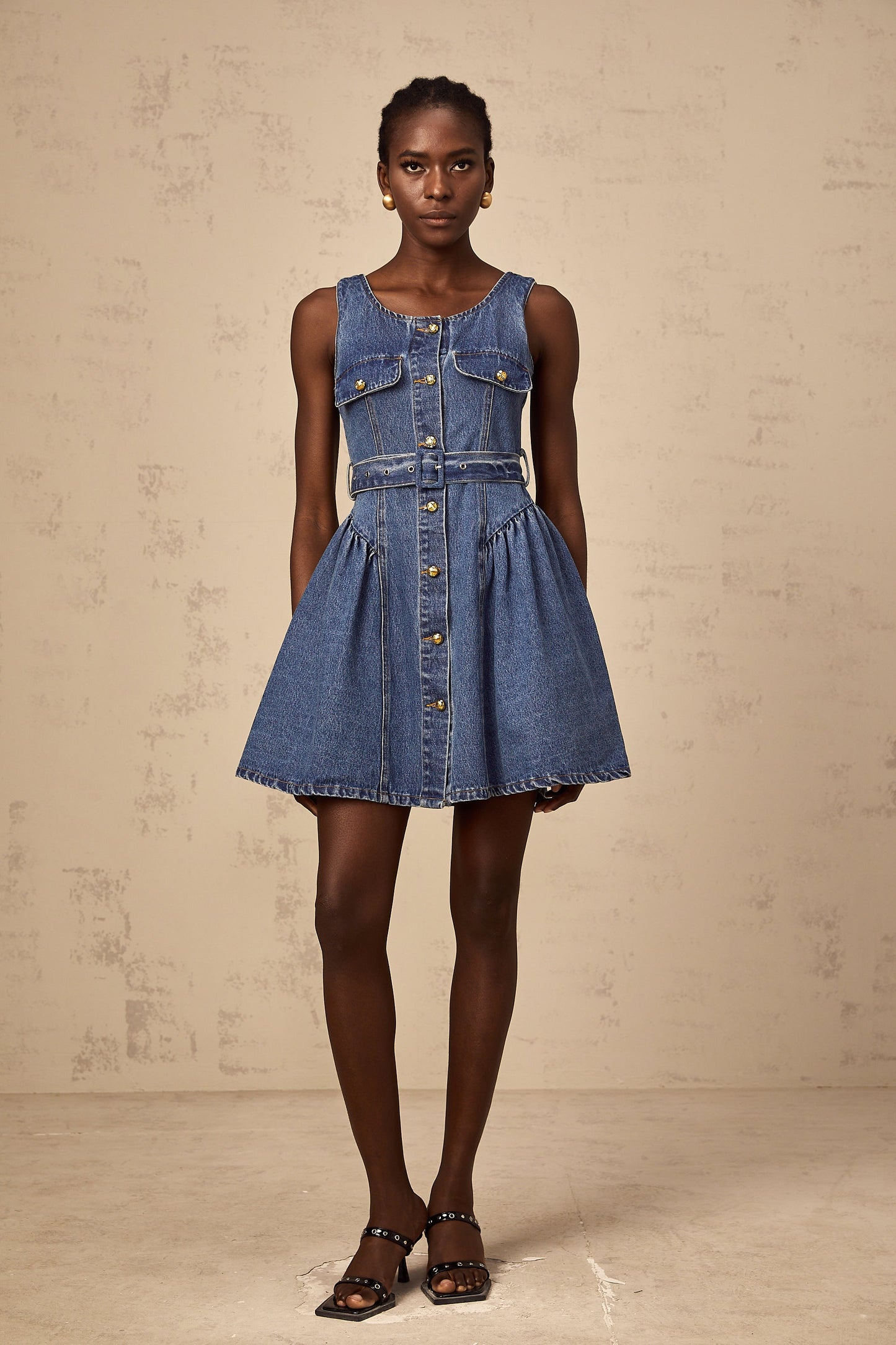 Vérane blue belted denim mini dress