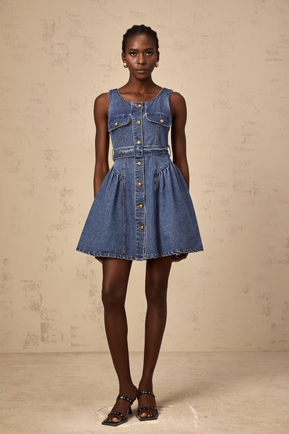 Vérane blue belted denim mini dress