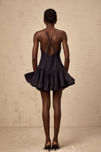 Geneviève dark-blue flounce denim mini dress