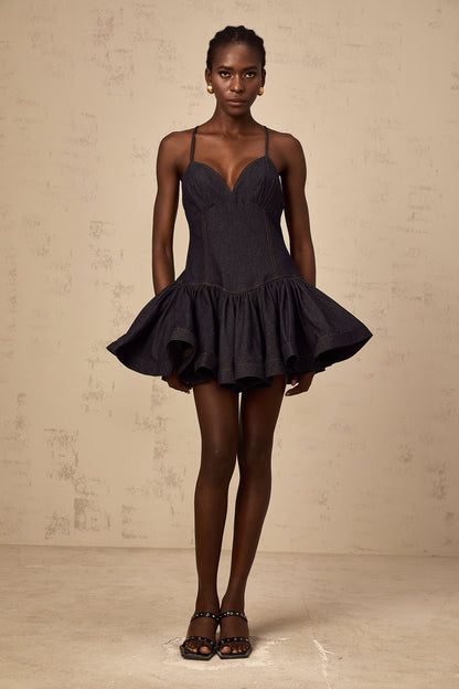 Geneviève dark-blue flounce denim mini dress