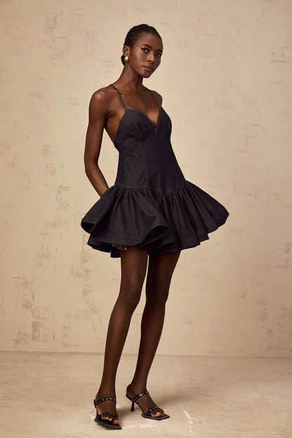 Geneviève dark-blue flounce denim mini dress