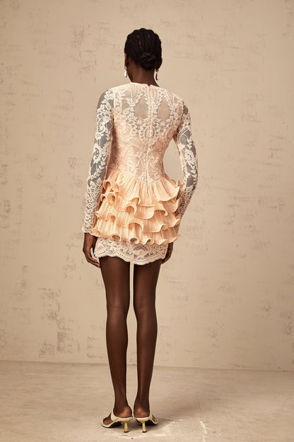 Irène floral-lace-panelling tiered mini dress