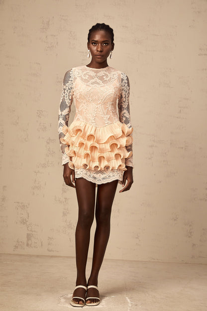 Irène floral-lace-panelling tiered mini dress
