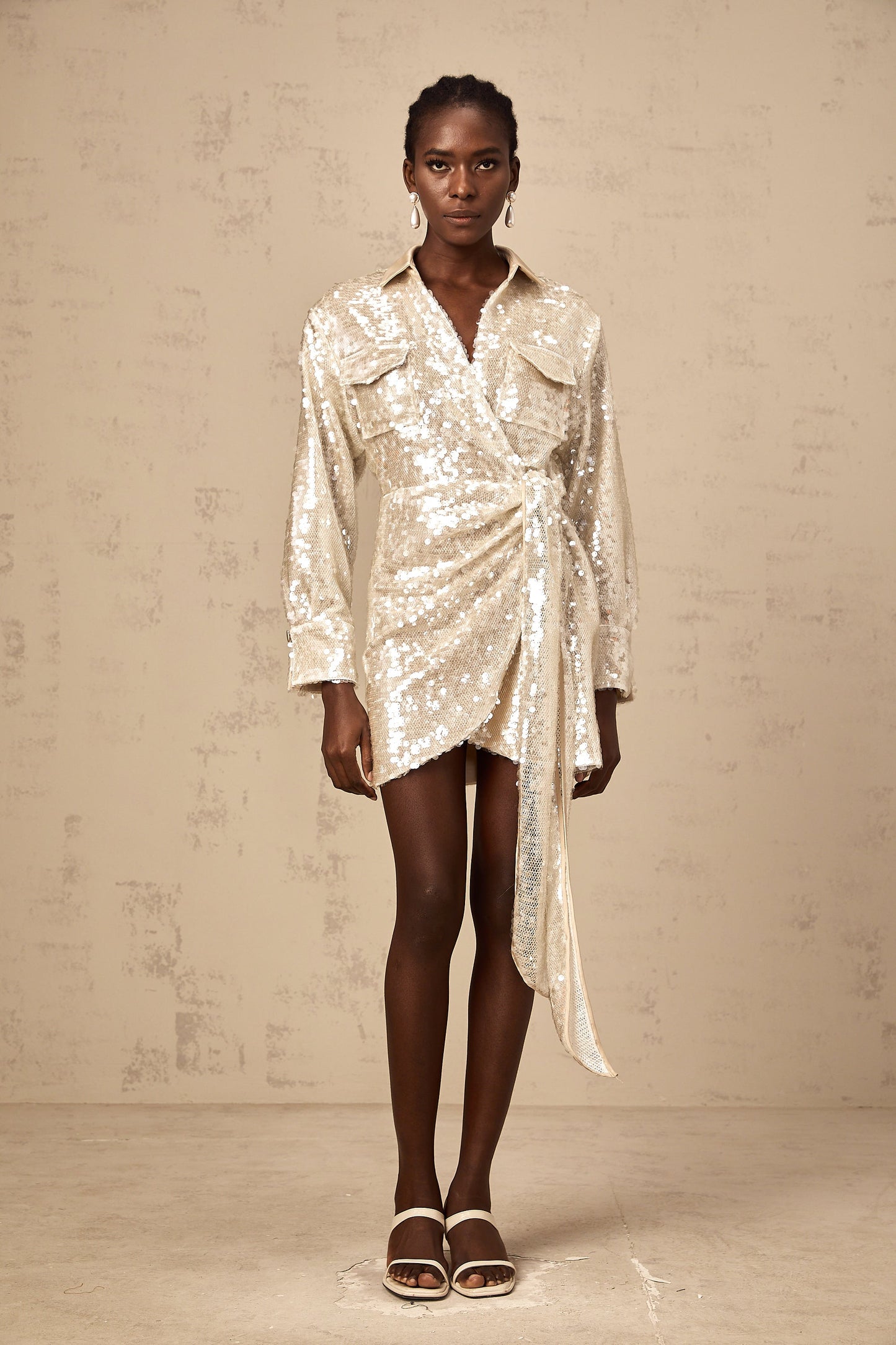 Aurore wrap-design sequined mini shirt dress