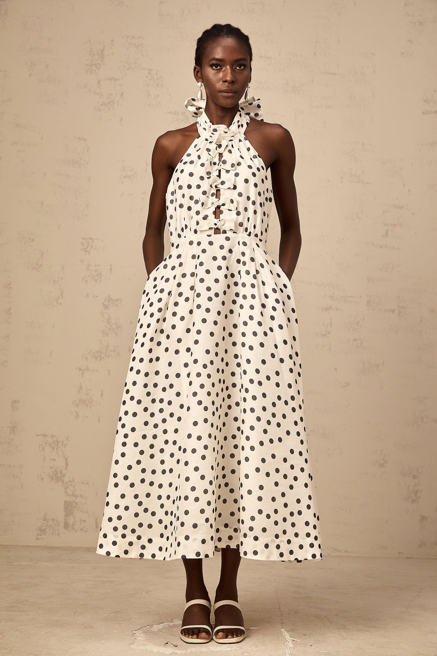 Audrey white bowknot polka-dot midi dress