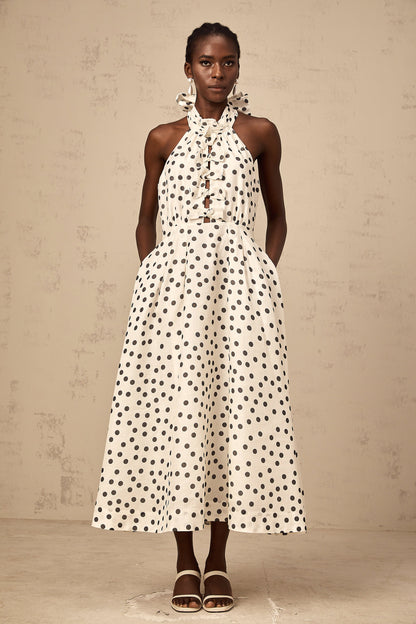 Audrey white bowknot polka-dot midi dress