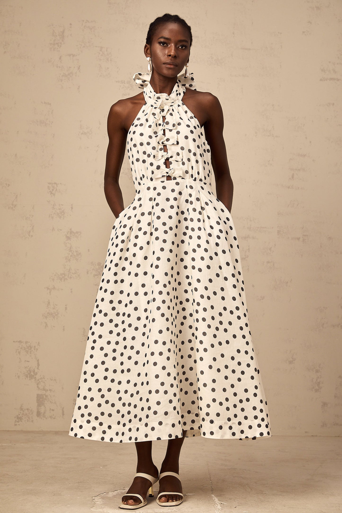Audrey white bowknot polka-dot midi dress