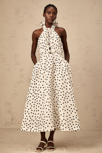 Audrey white bowknot polka-dot midi dress