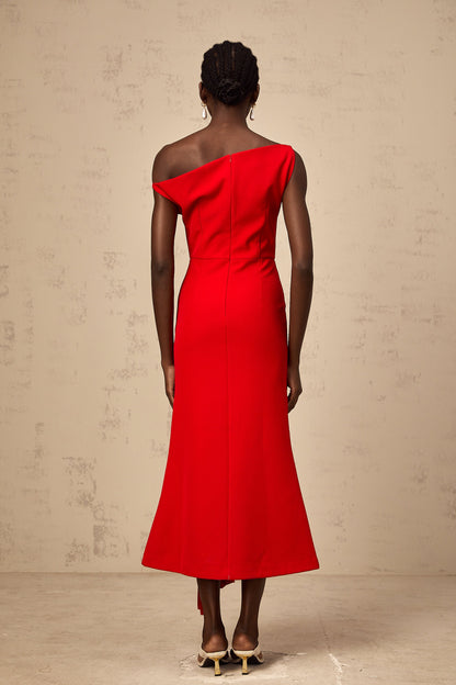 Laurine asymmetric draped midi dress in Red