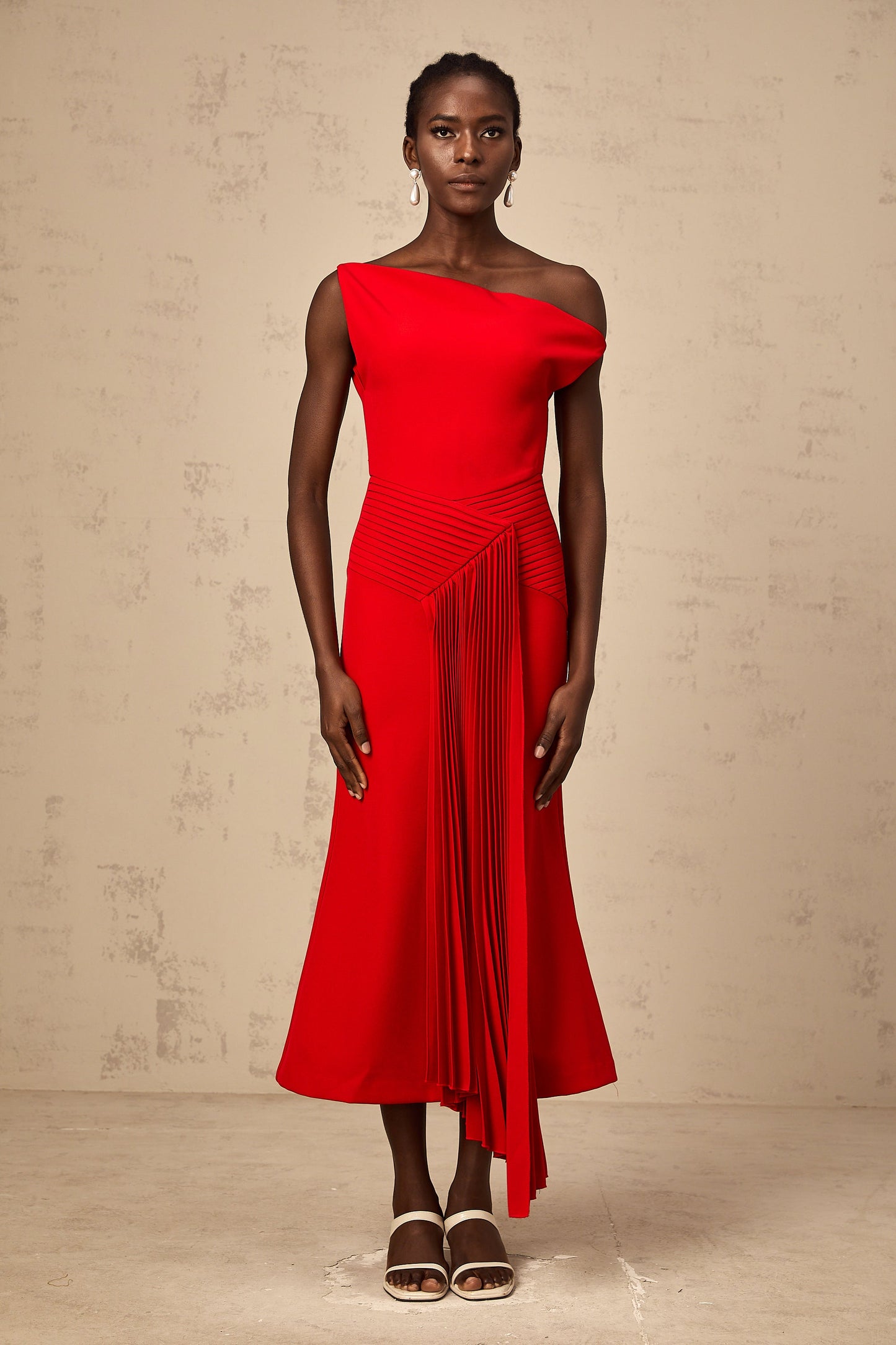 Laurine asymmetric draped midi dress in Red
