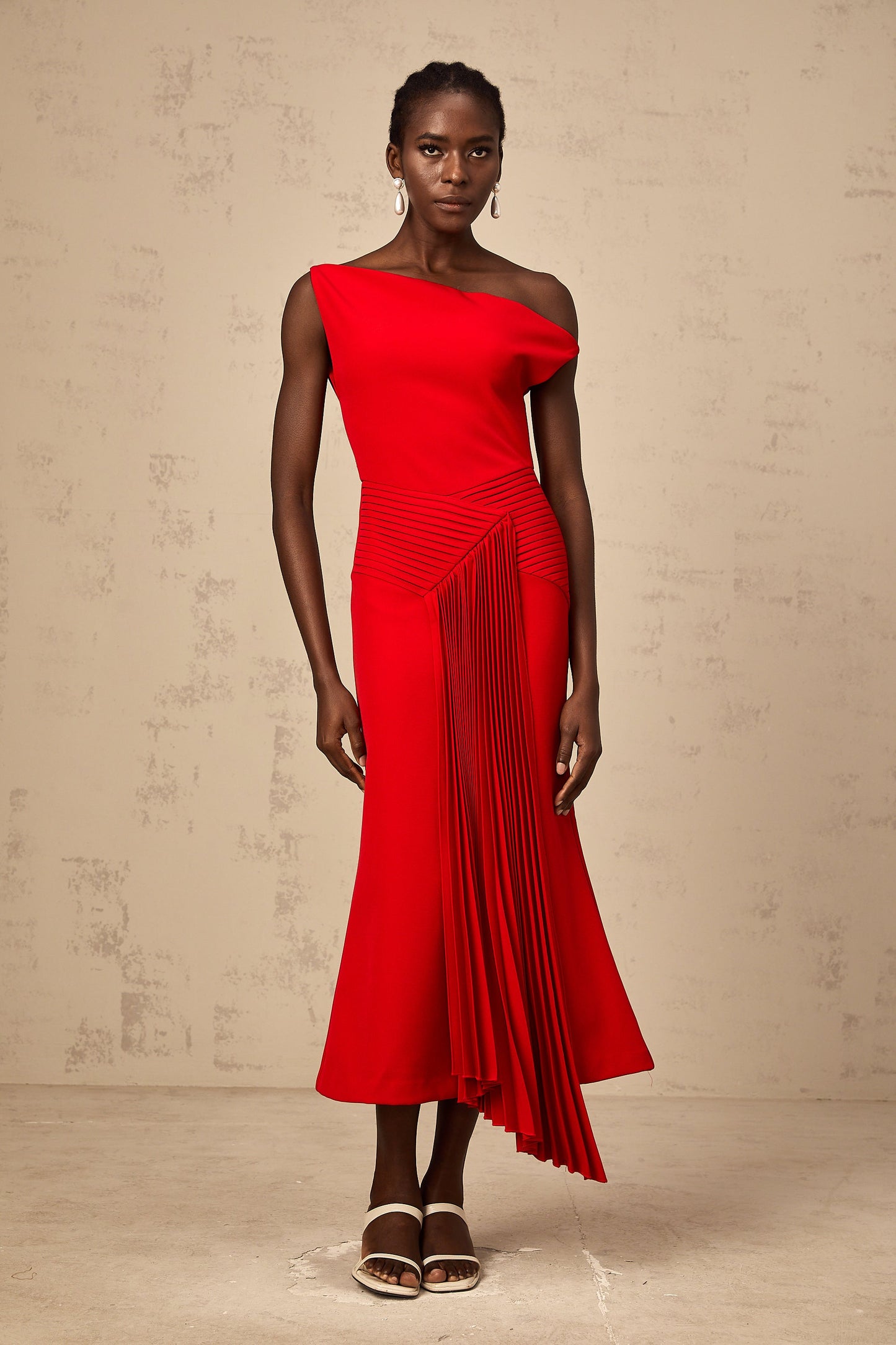 Laurine asymmetric draped midi dress in Red