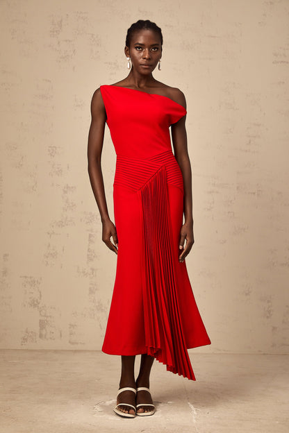 Laurine asymmetric draped midi dress in Red