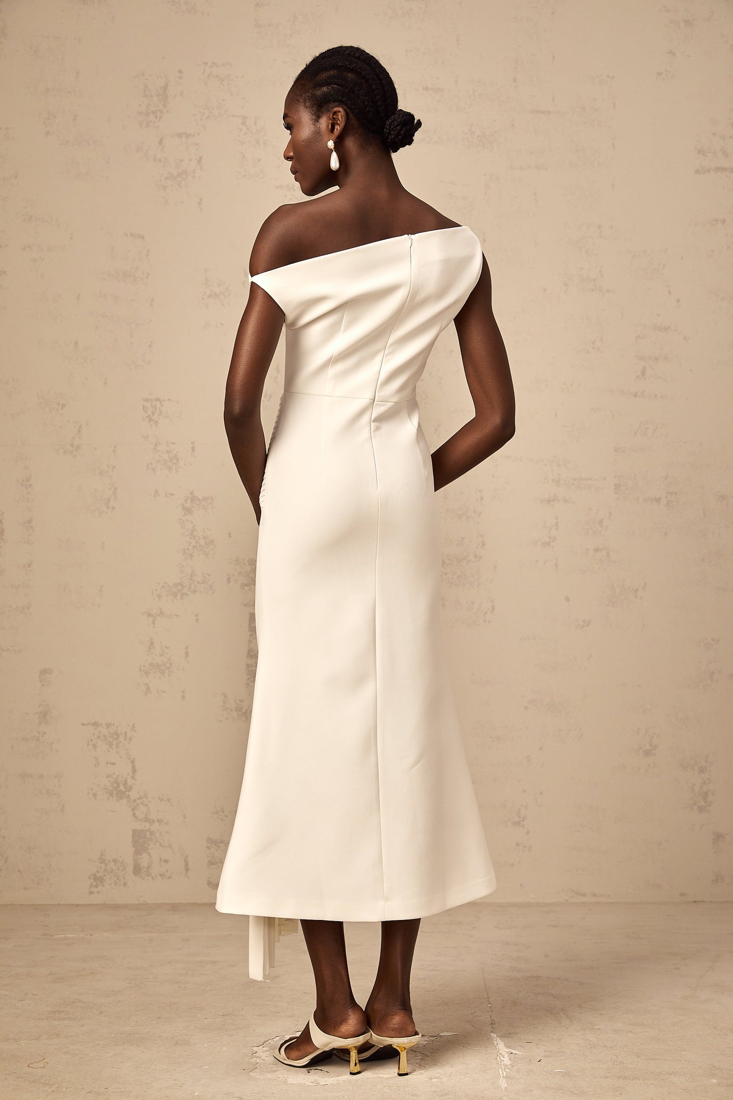 Laurine asymmetric draped midi dress in White
