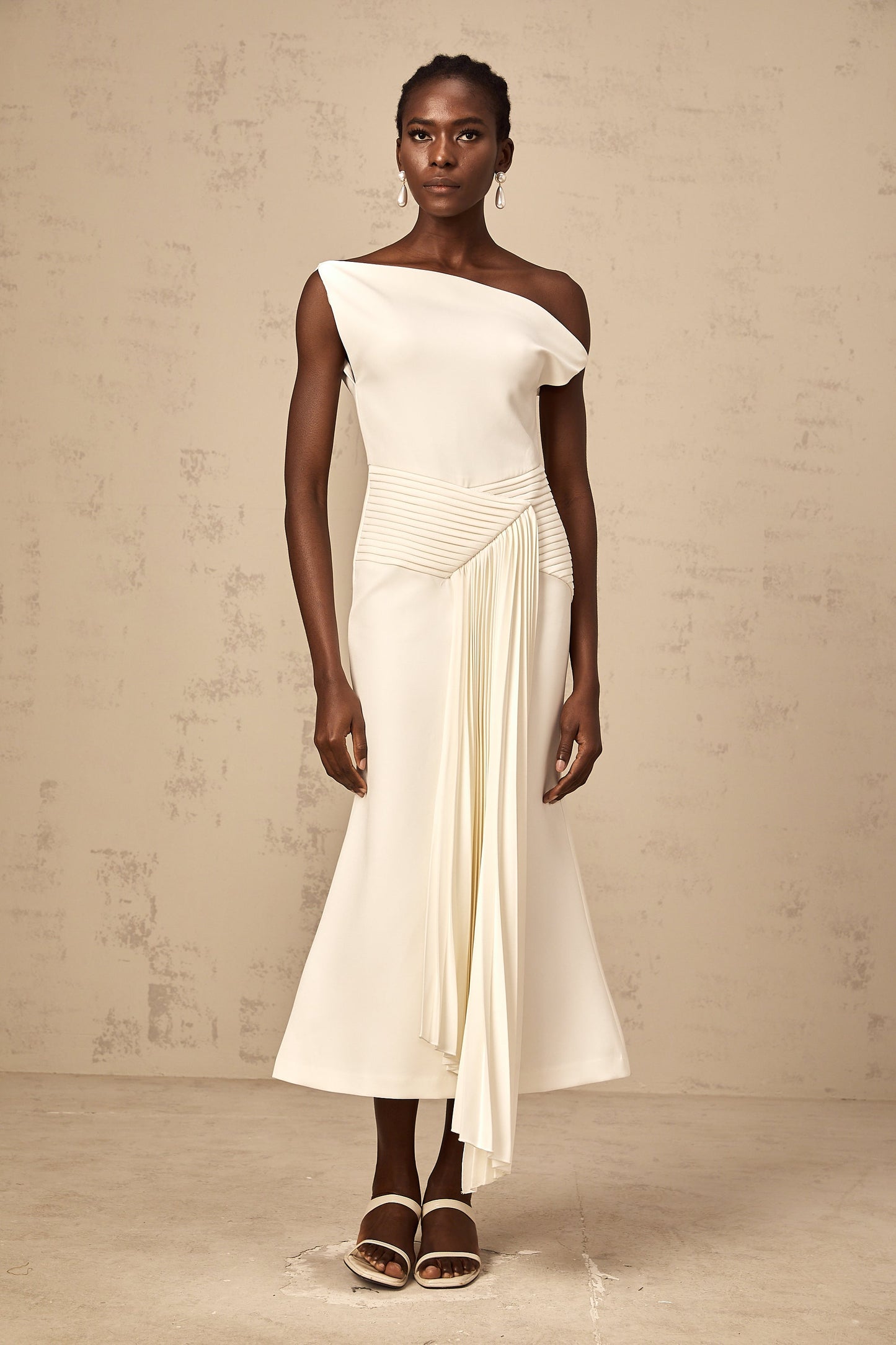 Laurine asymmetric draped midi dress in White