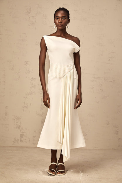 Laurine asymmetric draped midi dress in White