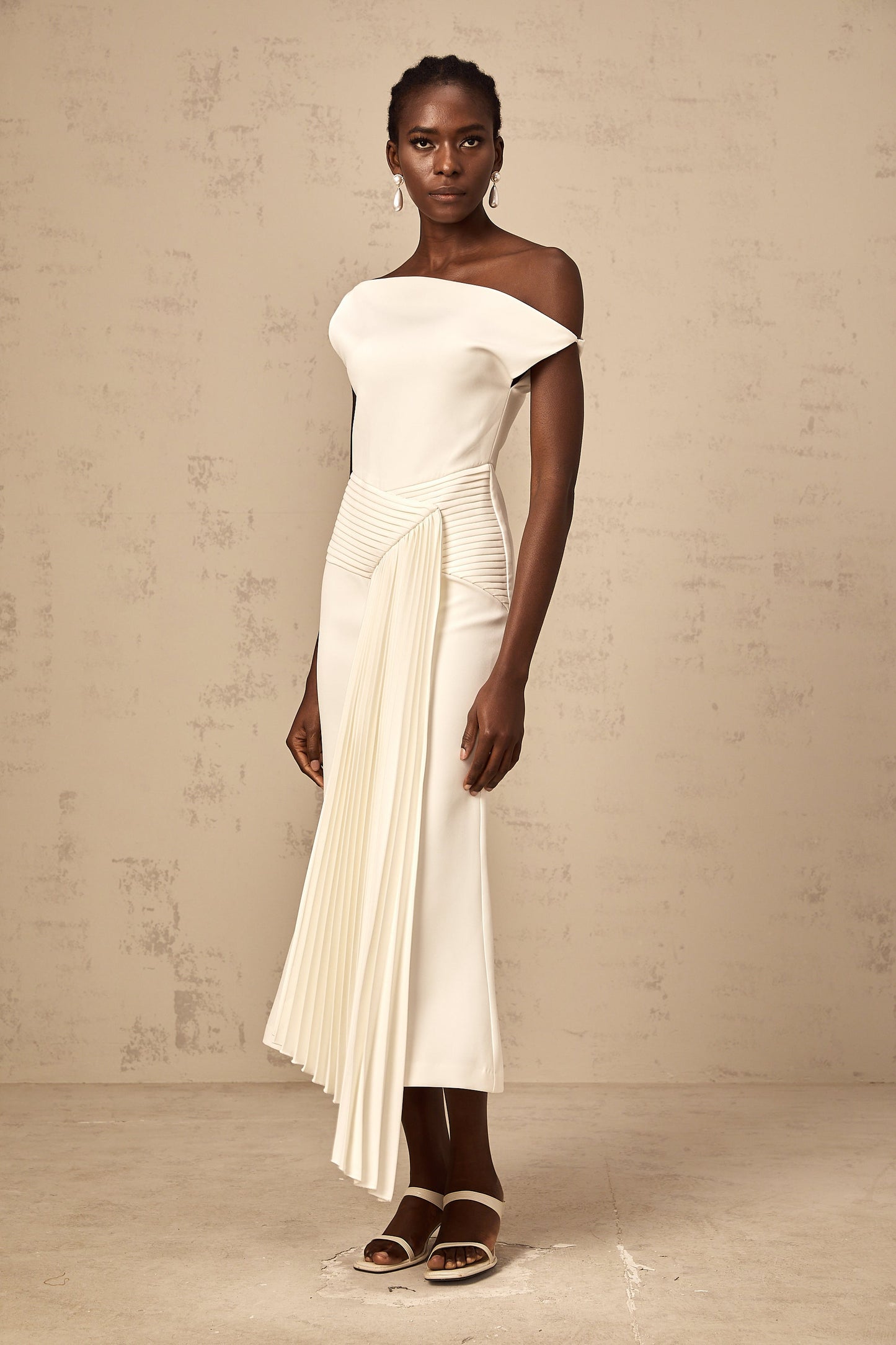 Laurine asymmetric draped midi dress in White