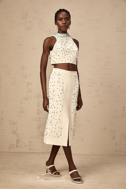 Clothilde off-white embellished top & skirt matching set