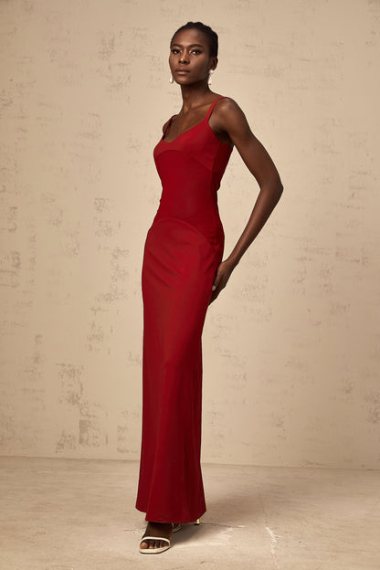 Céline red semi-sheer tulle-panel maxi dress