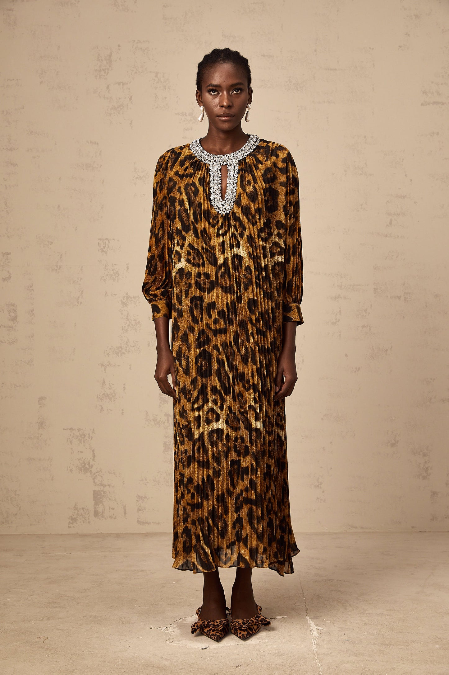 Anaïs brown leopard-print embellished midi dress