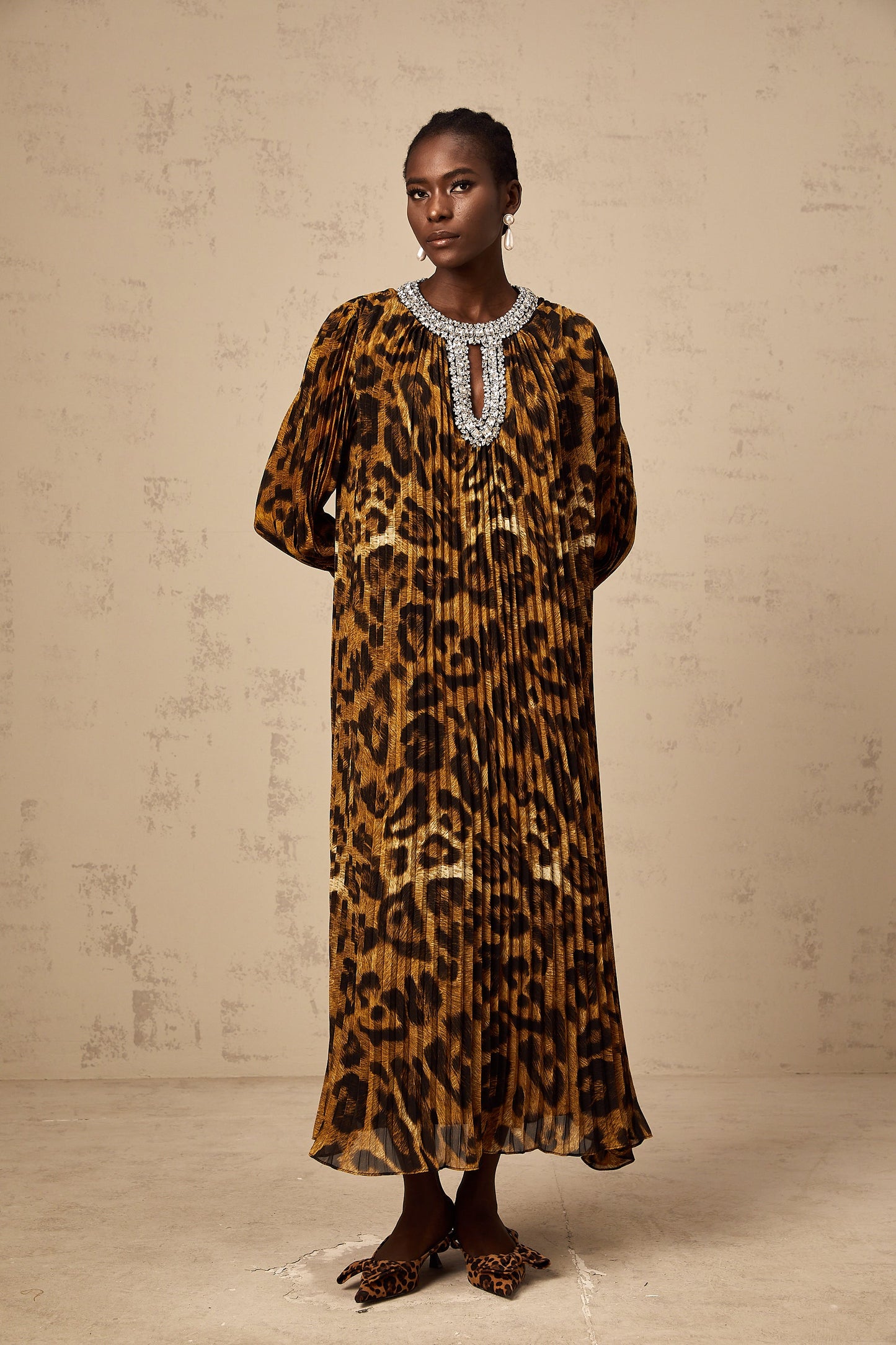 Anaïs brown leopard-print embellished midi dress
