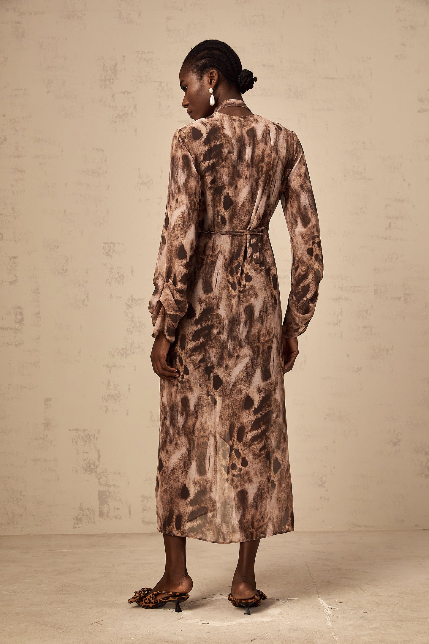 Sidonie brown ruffled leopard-print midi dress