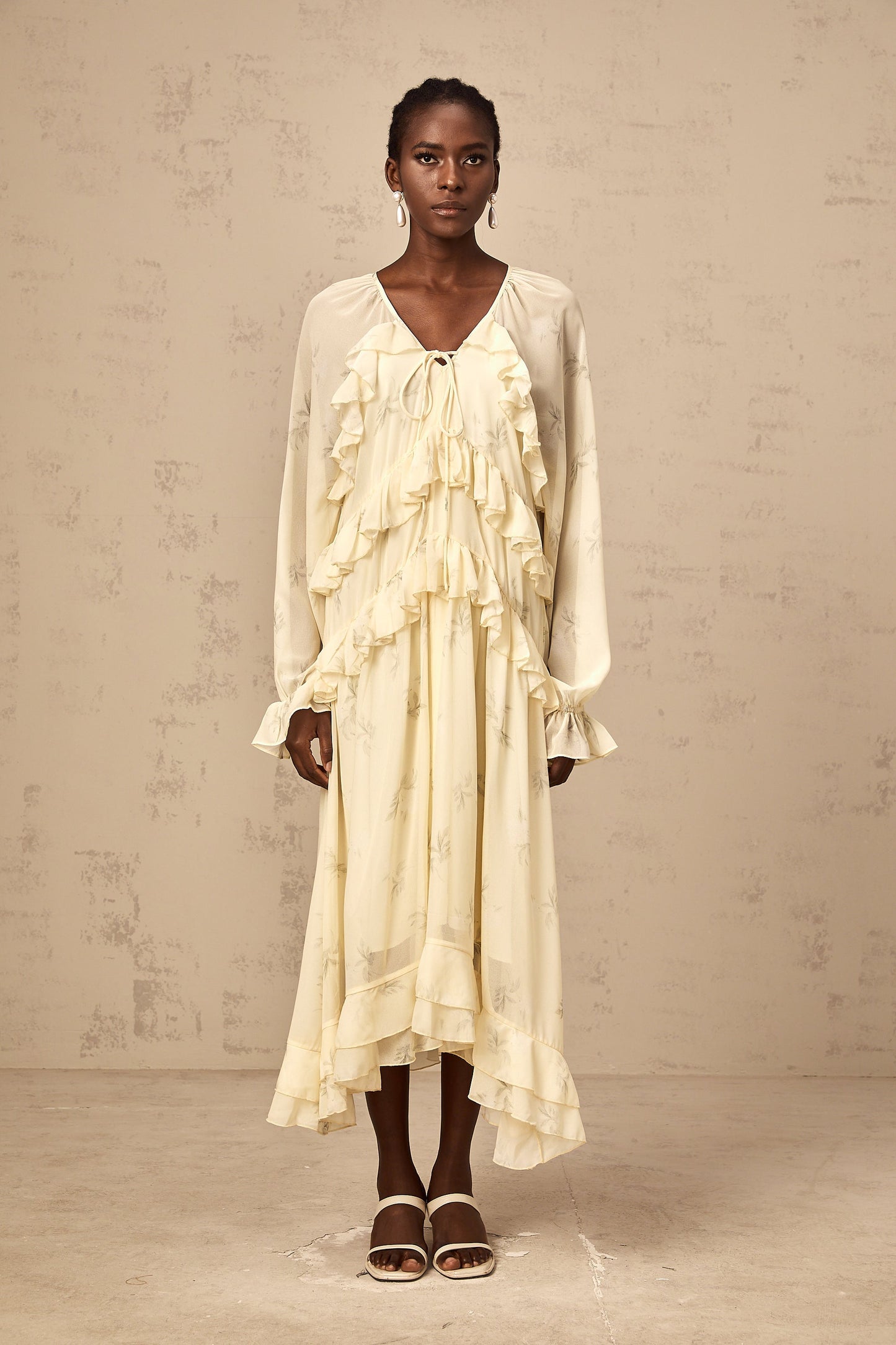 Oriane yellow floral-print ruffled chiffon midi dress