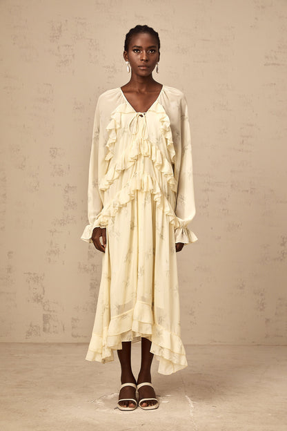 Oriane yellow floral-print ruffled chiffon midi dress