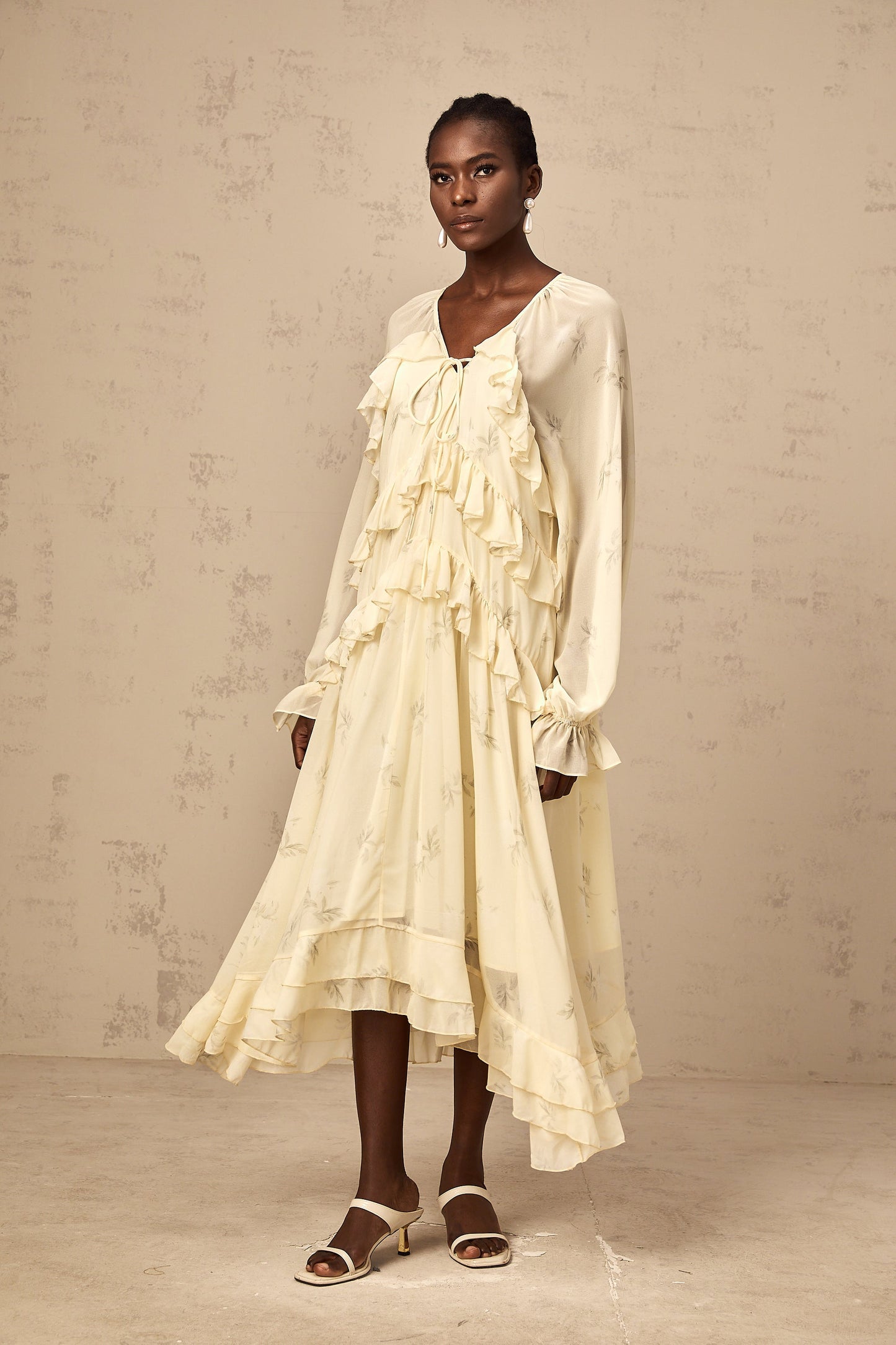 Oriane yellow floral-print ruffled chiffon midi dress