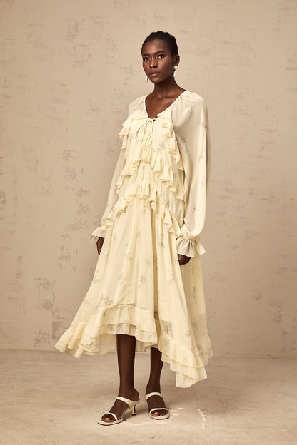 Oriane yellow floral-print ruffled chiffon midi dress