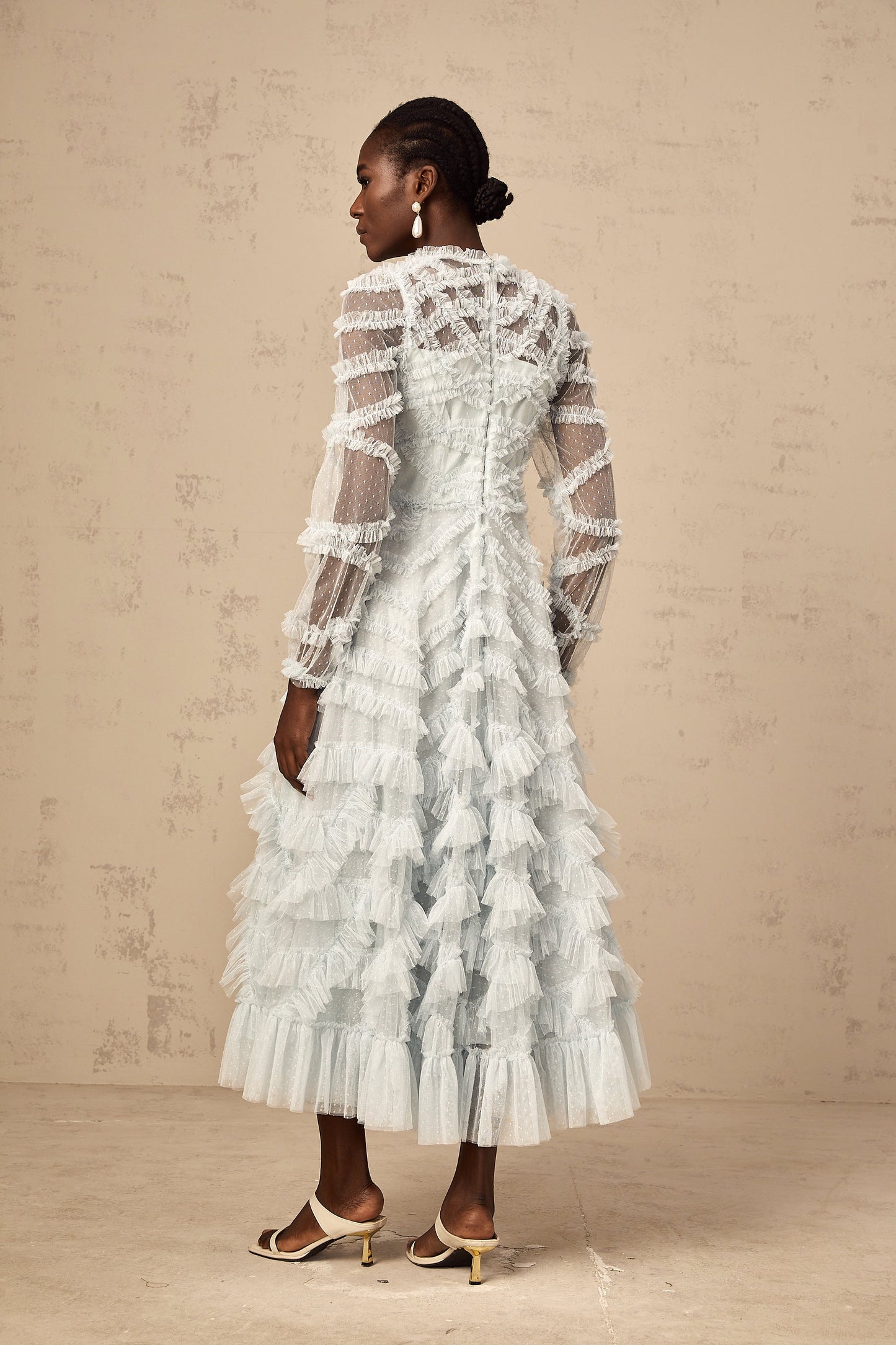 Adélaïde blue dot-detail ruffled midi dress