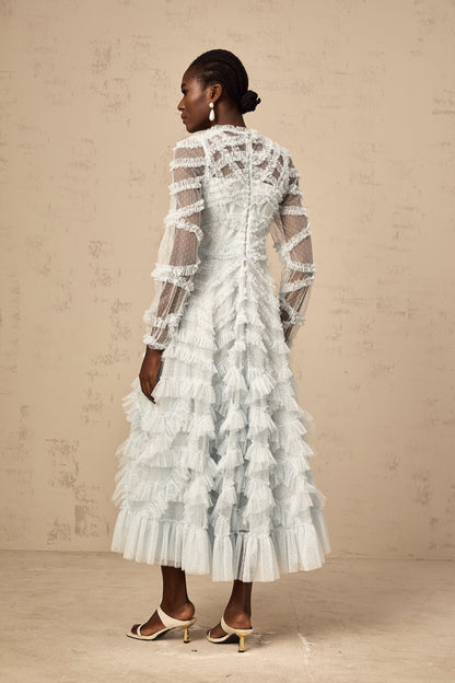 Adélaïde blue dot-detail ruffled midi dress