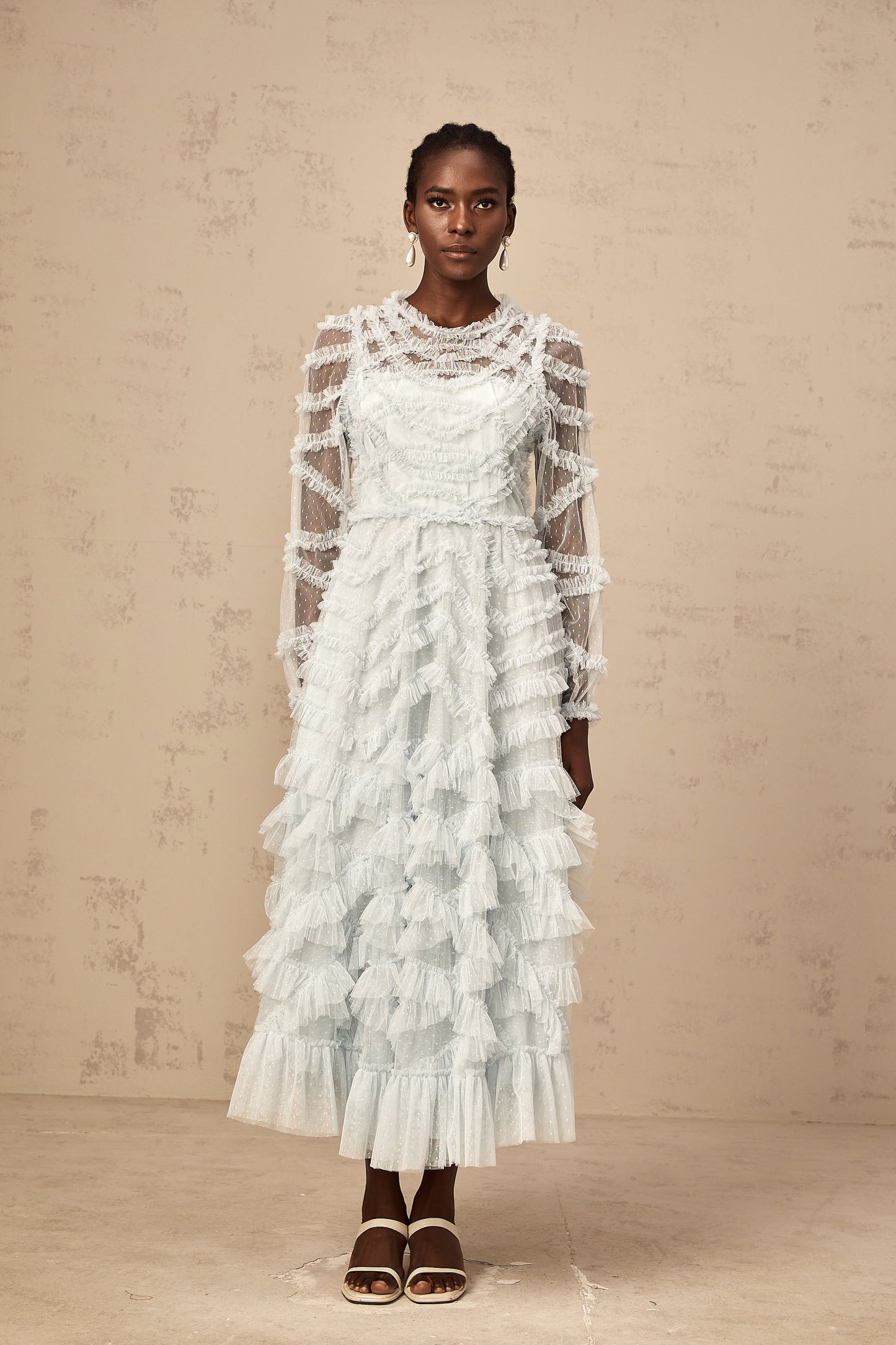 Adélaïde blue dot-detail ruffled midi dress