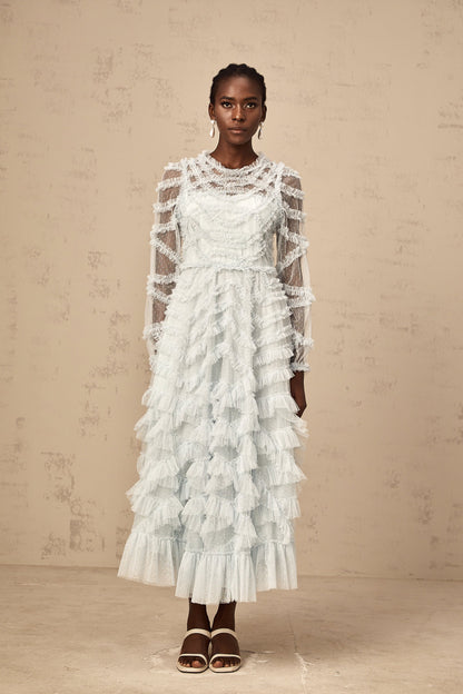 Adélaïde blue dot-detail ruffled midi dress