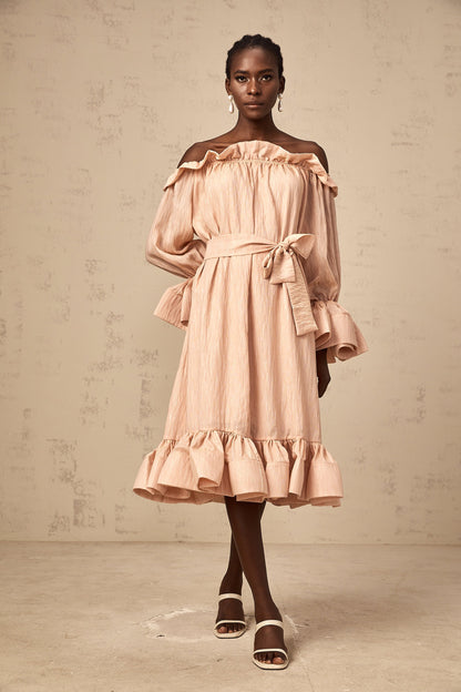 Agathe pink tied-waist ruffled midi dress