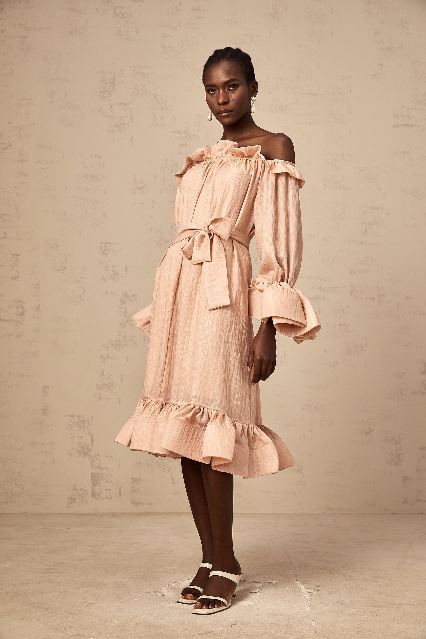 Agathe pink tied-waist ruffled midi dress