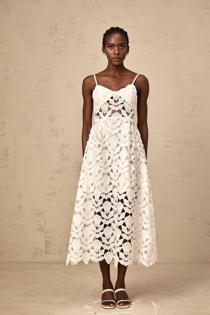 Delphine white cut-out lace midi dress
